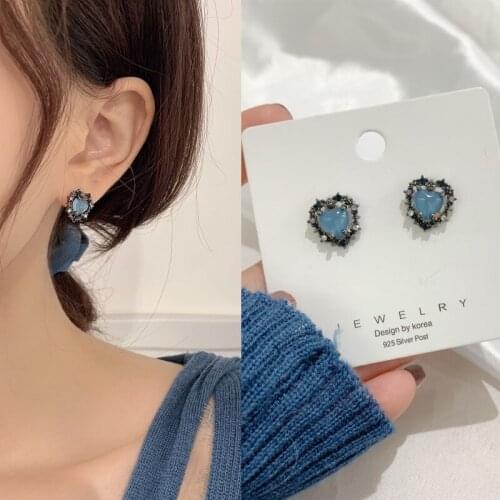 Elegant Ocean Blue Stud Earrings For Women Teens Girls Korean Fashion Opal Heart Shape Earrings Party Daily Fashion Jewelry