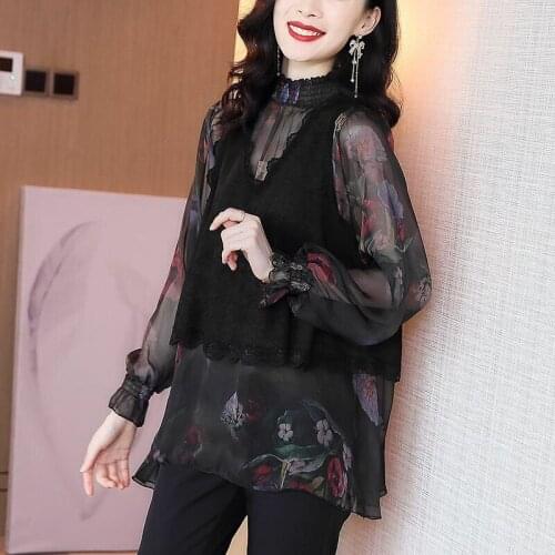 Spring Fall Womens Lace Patchwork Lantern Sleeve 2 Pieces Blouse Top Shirt , Woman Clothes , Womens Floral Loose Tops Blouses