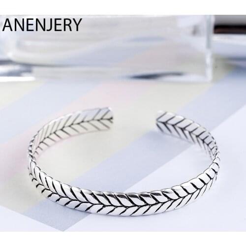 ANENJERY 925 Sterling Silver Thai Silver Geometric Pattern Woven Bangle Bracelet For Women Men Couple Jewelry Gift S-B277