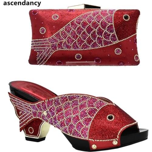 Red Color Ladies Italian Shoes and Bag Set Decorated with Rhinestone African Italian Shoes and Bag Set Niegrian Shoes and Bag