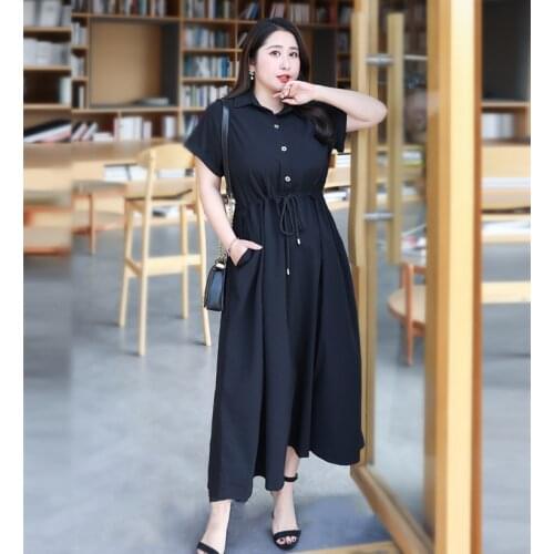 1035 Plus Size Dresses For Women Korean Style Fashion Urban Adjustable Waist Drawstring Chiffon Thin Short Sleeve Button Vestido
