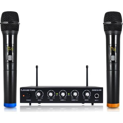Sound Town UHF 16 Channels Karaoke Wireless Microphone System with Bluetooth, 2 Handheld Microphones, for Church (SWM16-KM)