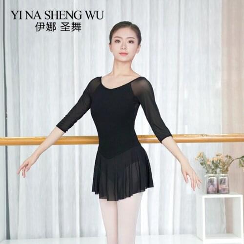 1pc Women Ballet Leotard Adult Dance Dress Soft Mesh Splice Three Quarter Sleeve Cotton Ballet Practice Dress Gymnastics Leotard