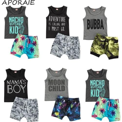 2021 0-3Y Casual Kids Baby Boy Clothing Summer 2pcs Letter Print Sleeveless Vest+Geomertric/Camouflage Print Short Harem Pants