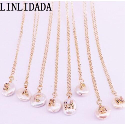 8Pcs Fashion Jewelry Rainbow Zirconia Micro Pave CZ letter charm freshwater pearl Pendant Necklace