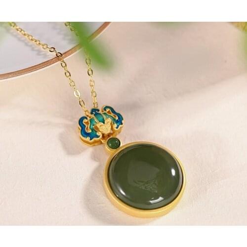 Blessing Within Sight Peace Buckle Vintage Chain Pendant Gem Chinese Style Silver Plated Hetian Jade Green Jade Cloisonne