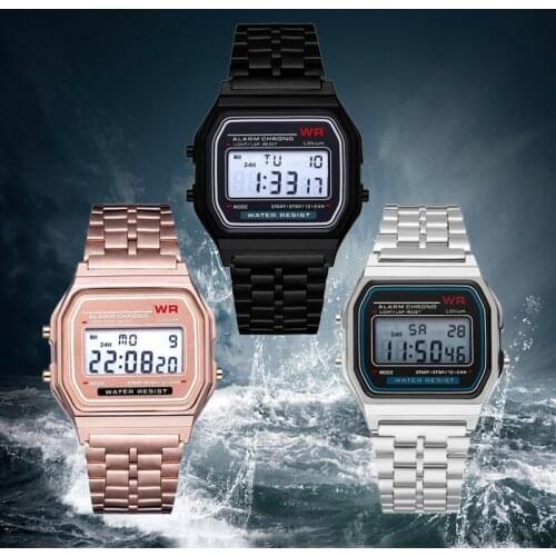 Ultra-thin sports electronic metal watch multifunctional luminous alarm clock steel band watch dress gold ladies mens watch