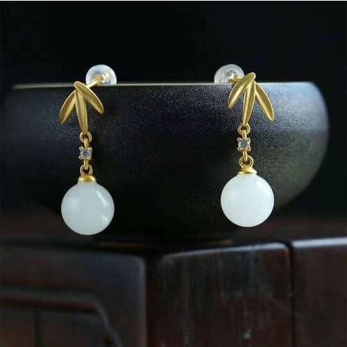 Ancient French Gold Palace Museum Natural Hetian Jade Ball Bead Earrings Womens Fashion Personality Bamboo Leaf White Jade Clas