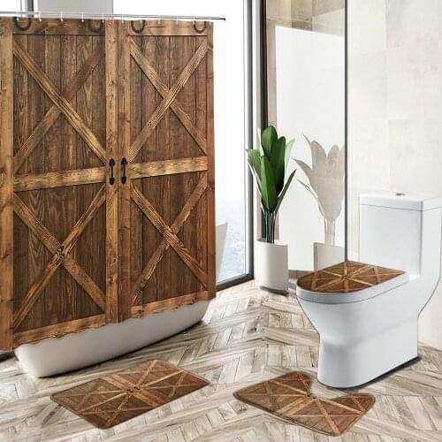 European Old Geometric Wooden Door Shower Curtain Rural Retro Style Bathroom Decor Non-Slip Carpet Toilet Cover Floor Mat Set