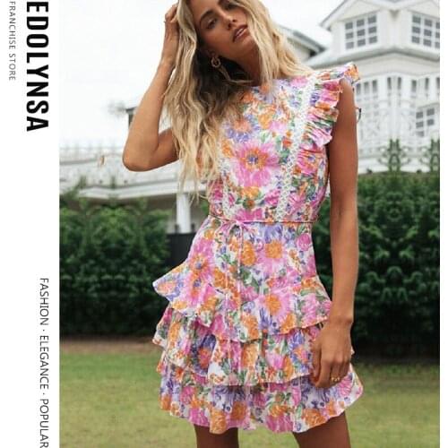 Cascading Ruffle Print Dress Kawaii Babydoll Dress Girls Sleevless Dress Party Birthday Festival Cute Holiday Mini Dress A840