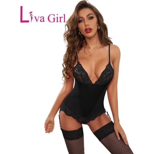 LIVA GIRL Black/Red Woman 2021 Summer Lace Mesh Spaghetti Straps Bodysuit Female Bedtime Bodycon Jumpsuit Solid Sling Slim Top