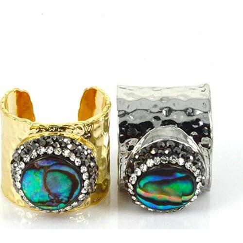 Rhinestone paved natural green black abalone shell charm wrap adjustable resizable wide open hammered ring cuff for woman man