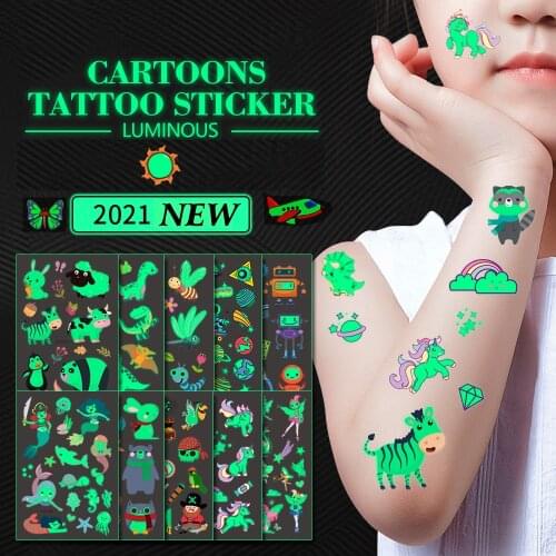 Luminous Kids Tattoos Sticker Waterproof Dinosaur Tattoo For Child Boys And Girls Sun Flash Fluorescent Unicorn Fake Tattos 1pcs