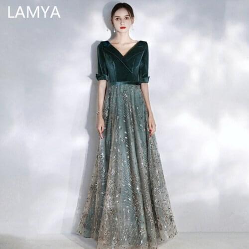LAMYA Vintage Long A Line Evening Dress 2020 Half Sleeve Formal Dresses Plus Size Evening Gowns for Women Velour Prom Dress