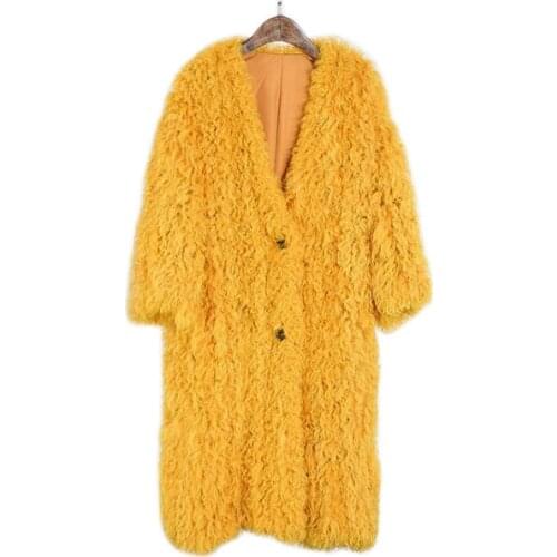 Natural fur knitted Mongolian sheep fur coat jacket overcoat womens winter warm fur coat with pocket 95cm extra longer size