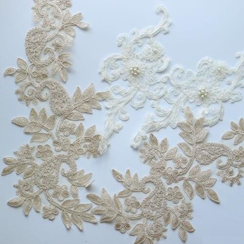 1pair beaded embroidered lace appliques for wedding dresses Rhinestone lace applique patches Embroidery lace parches ropa