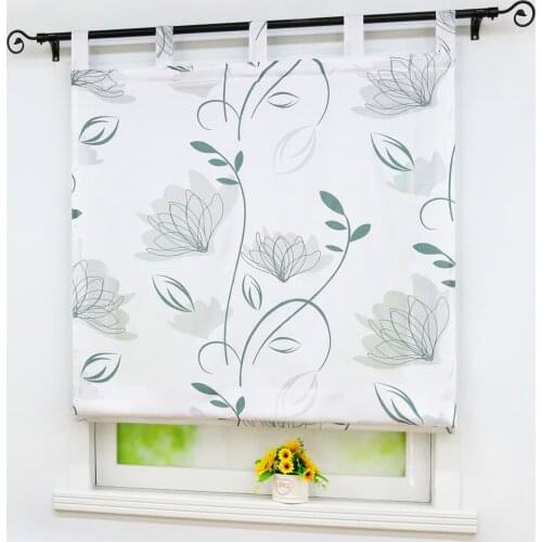 Roman Shade Pastoral Lotus Printed Window Curtain Voile Polyester Drapery Valance Panel for Kitchen Balcony Tab Top
