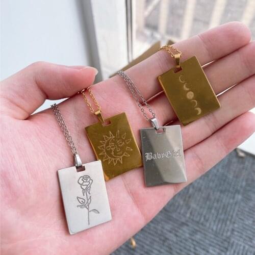 Square Pendant Necklace For Women Sun And Moon Smiley Face Rose Flower Tarot Card Chain Choker Babygirl Old English Font Jewelry