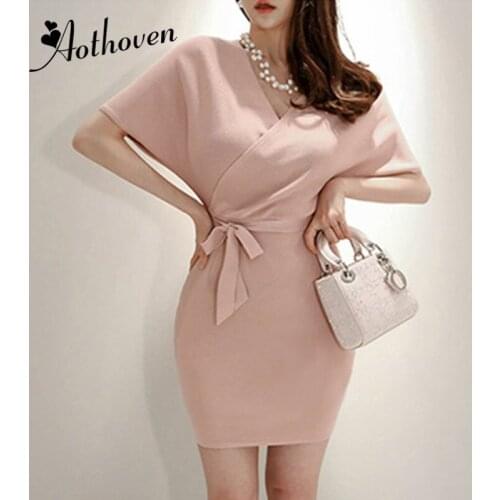 Pink Sweater Dresses Orange Khaki V Neck Batwing Sleeve Black Women Dress Elegant Bandage Sexy Office Ladies Mini Wrap Dresses