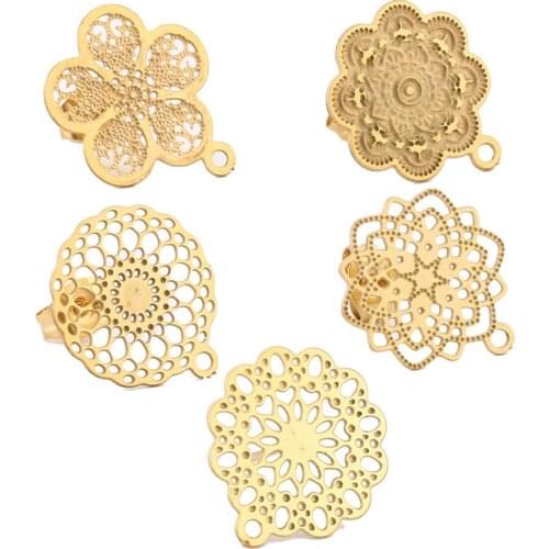 10pcs 304 Stainless Steel Hollow Earring Stud Ear Post with Loop Gold Flower Pad Base Posts DIY Components