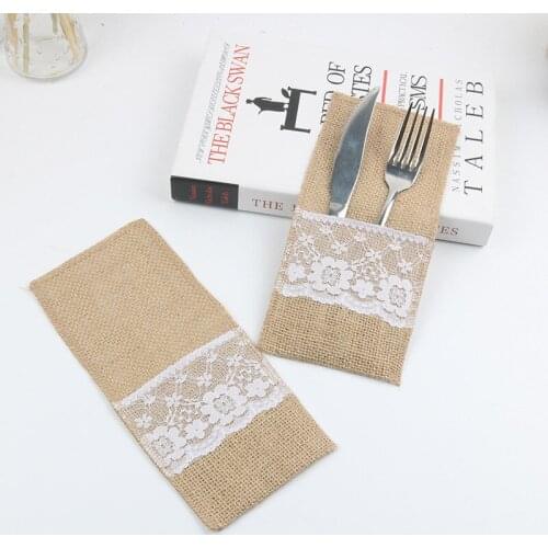 50Pc Pouch Cutlery Holder Decoration Favor Rustic Wedding Decor Vintage Wedding Decoration Hessian Burlap Lace Wedding Tableware