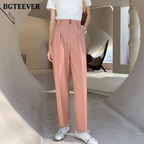 BGTEEVER Summer Fashion Harem Trousers Women Elegant High Waist Double Button Loose Female Suit Pants 2021 Ladies Pantalon