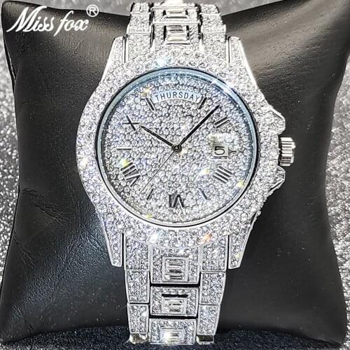 MISSFOX Quartz Mens Watch Diamond Top Dual Calendar Watch Men Waterproof Diver Luxury Silver Calendar Steel Relogio Masculino