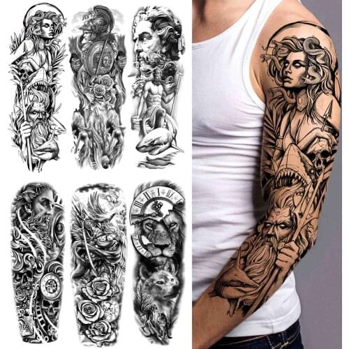 Skull Warrior Temporary Tattoos Sleeve For Men Women Adult Realistic Fake Flower Tattoo Sticker Black Lion Soldier Large Tatoos
