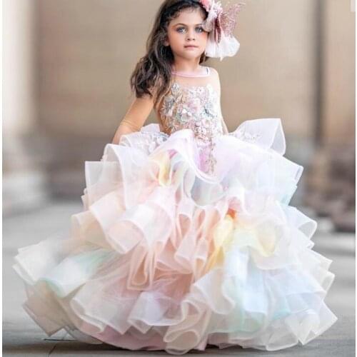 Colorful Rainbow Color Girls First Commuinion Dresses Ball Gowns Ruffle Girls Birthday Party Celebration Pageant Dresses Custom