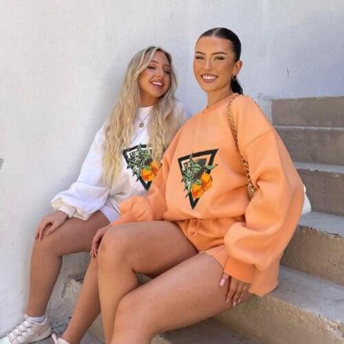 European and American fashion 2021 autumn womens fashion printed loose hoodie straight butt shorts casual suit