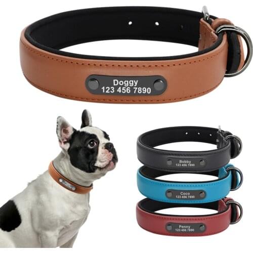 Personalized Dog Collar Soft Padded French Bulldog Collars Customied Leather Pet Collar for Small Medium Large Dogs