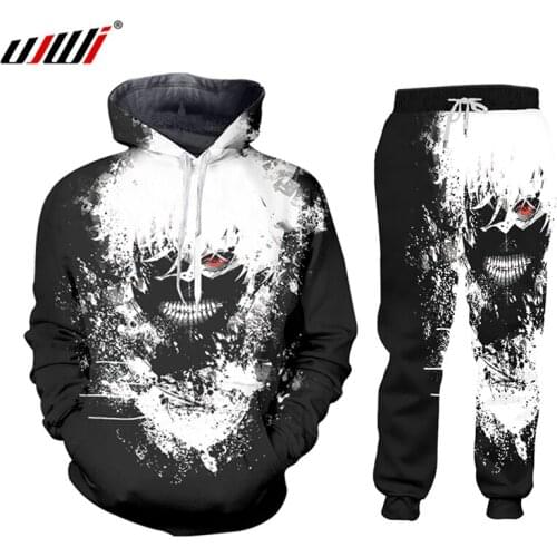 UJWI Black White 2 Piece Set Outfits Winter Hoodies Pants Suit Japanese Anime Tracksuit Men Custom Logo