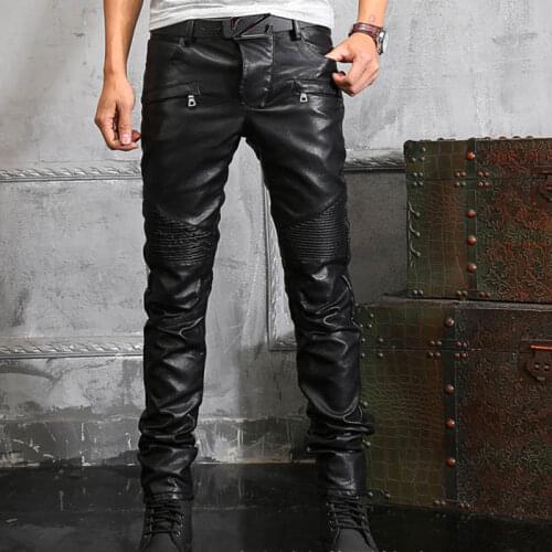 KIOVNO Fashion Men Pu Leather Casual Pants Motorcycle Vintage Leather Trousers For Male Size 29-40