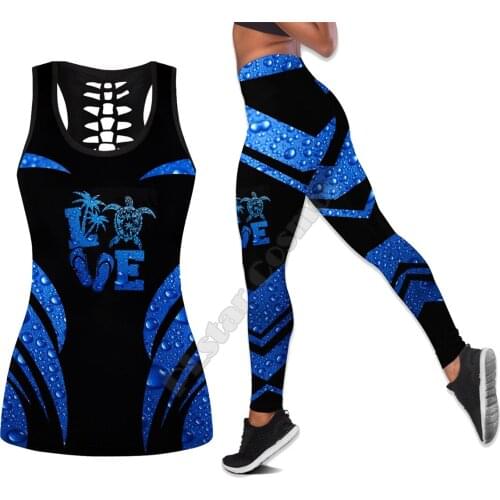 Sea turtle Polynesian 3D Printed Hollow Out Tank Legging Suit sexy Yoga Fitness Soft Legging Summer Women For Girl 32