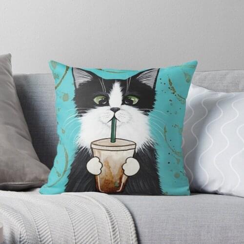 Tuxedo Cat With Iced Coffee Polyester Decor Pillow Case Home Cushion Cover 45*45cm