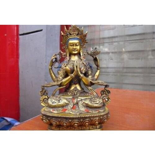 Song voge gem S0150 9"Tibet Bronze Gild Four-armed Avalokitesvara Kwan-Yin Guan Yin Buddha Statue