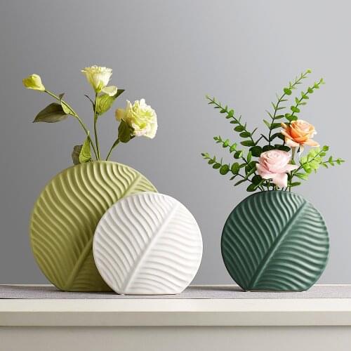 Nordic Home Decoration Ceramic Round Flat Leaf Flower Vase Living Room DecorationOffice Decor Vase Decoration Household Gifts