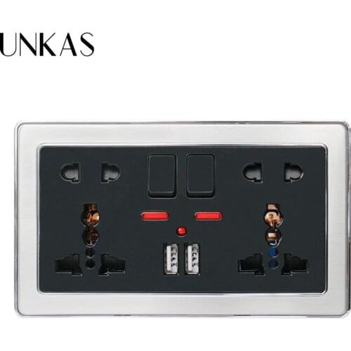 UNKAS Stainless Steel Frame Black Outlet Double Universal 5 Hole Switched Wall Socket With Neon 2.1A Dual USB Charger Port
