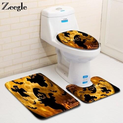 Zeegle Halloween 3pcs Bath Mat Set Anti-slip Toilet Cover Seat Mat Absorbent Toilet Pedestal Rug Bathroom Shower Mat Bath Set