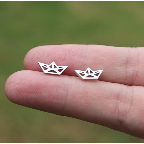 10pairs Nautical Origami Boat Stud Earrings Women Men Hip Hop Jewelry Gold Silver Color Earrings Stainless Steel Bijoux Femme