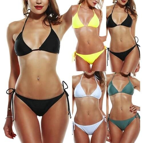 Women Sexy Swimsuit Solid Color Bikini Set Print Biquini Halter Bikinis Low Waist Swimwear Bathing Suit Women Swimwear Women