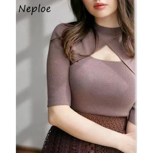 2021 Autumn New Sweet Women Sweater O Neck Sexy Hollow Criss Cross Half Sleeve Solid Slim Knitted Pullover Japan Style Jumper
