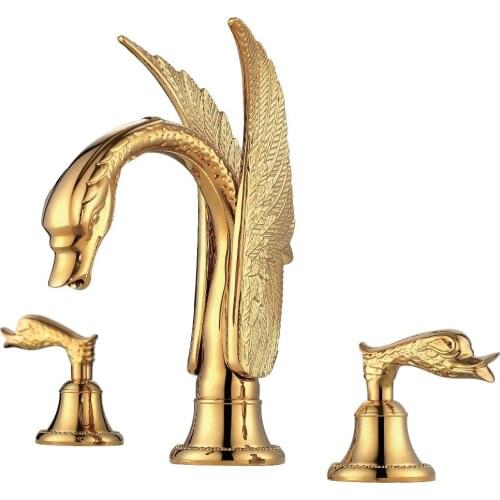 Free shipping 3 Pcs gold colour 25CM height swan sink faucet widespread lavatory sink faucet deck mounted