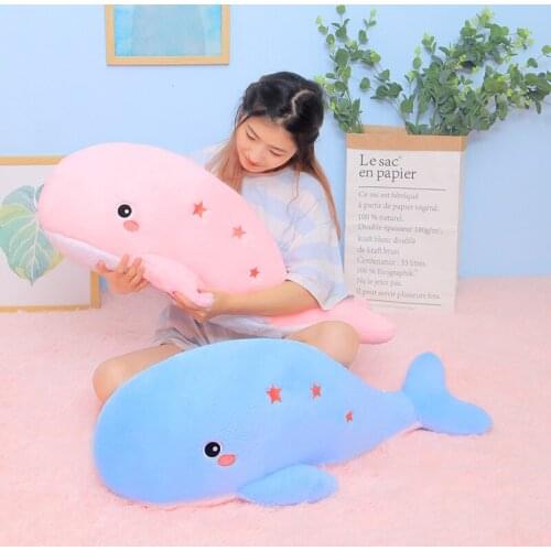 60/80/100cm Fuzzy Plush Shark Doll PP Cotton Stuffed Giant Whale Ocean Animal Stars Embroidered Grey Pink Blue Children Gift