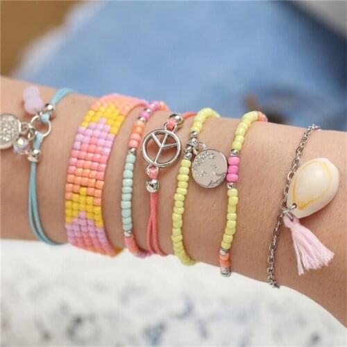 7pc Boho Chic Womens Bead Bracelet Gypsy Soul Girl Collection Ethical Stackable Disc Bracelets Stack Jewelry JL40FJ-49F