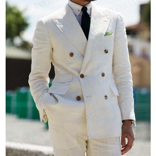 ANNIEBRITNEY Latest Coat Pant Designs Ivory Linen Suits Double Breasted Men Suit Slim Fit Beach Groom Tuxedo Custom Mens Suits