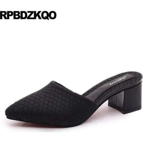 Sandals black work shoes women leather block medium heels pumps 2019 mules slipper peach pointed toe chunky snake gray designer