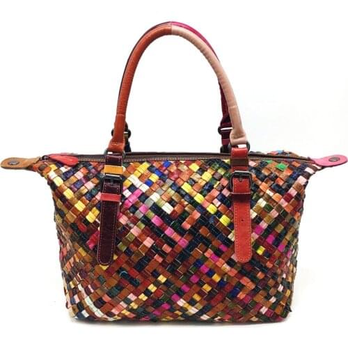 Brand Designer Genuine Cow Leather Women Tote Bag Colorful Knitting Tote Bolsa Feminina Knitting Designer Handbags 2021 new bag