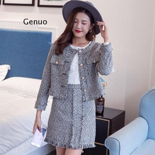 Jacket asymmetrical pearls tweed skirt suit runway tweed suit runway autumn winter women 2 piece set