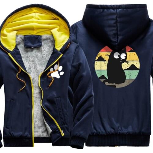 Black Cat Cartoon Camouflage Mens Raglan Thicken Jackets Dark Blue Wool Liner Mans Coats Fashion Tracksuits Retro Winter Hombre